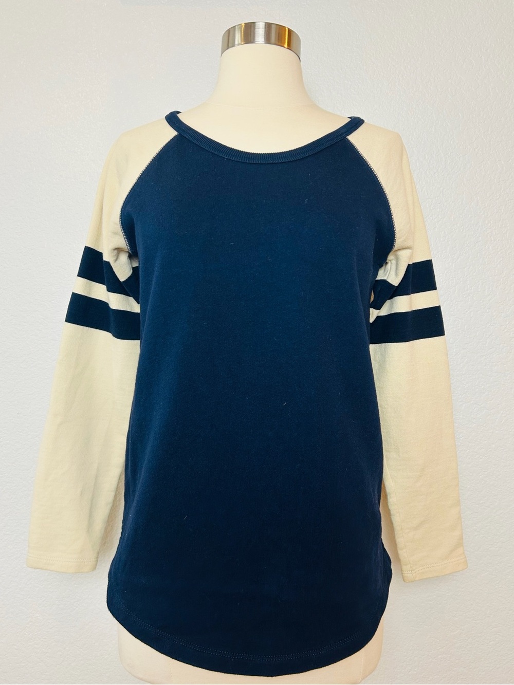 J.Crew Raglan Colorblock Sweatshirt Women's S Dark Navy Beige Stripes on Sleeve